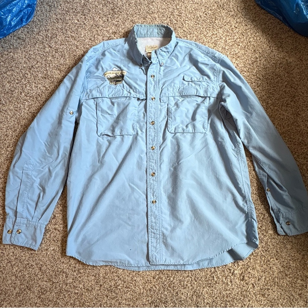 ll bean mens medium shirt blue button up outdoor discovery summer sun shirt
